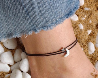 Moon and Star Anklet, Beaded Anklet, Anklet, Beach Anklet, Summer Accessory, Waxed cotton cord Anklet, Anklets for woman, Ankle Bracelet