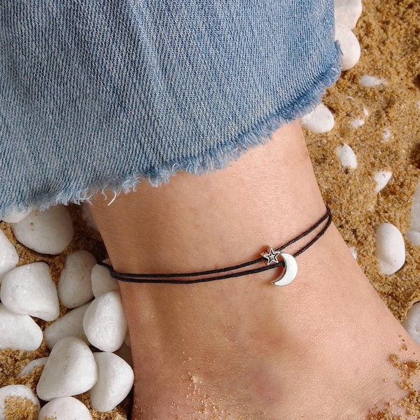 Moon and Star Anklet, Beaded Anklet, Anklet, Beach Anklet, Summer Accessory, Waxed cotton cord Anklet, Anklets for woman, Ankle Bracelet