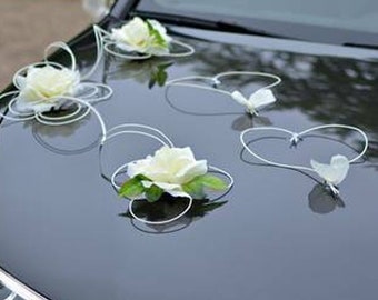 White Ivory Wedding Fair Car Decoration Artificial Flower Roses Car Decor  Complete Kit Ribbon Bows Decoration Voiture Mariage Hochzeitsdeko 