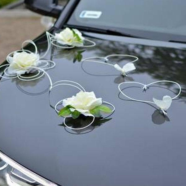 White Ivory Wedding fair auto decoratie Kunstmatige bloem rozen auto decor Complete kit Lint buigt decoratie voiture mariage hochzeitsdeko