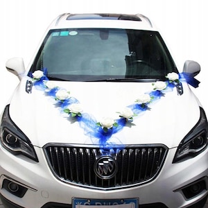 Wedding Car Decoration Kit Set White Roses & royal blue Organza ONLY NOW FREE blue  ribbon bows for doors