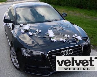 Set trouwautodecoratie witte hartjes en bloemen en ALLEEN GRATIS strikken voor deuren Ook in rood verkrijgbaar