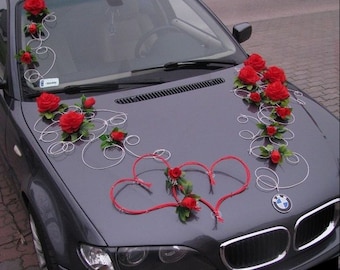 Set trouwautodecoratie WITTE hartjes en bloemen en GRATIS strikken voor deuren Ook verkrijgbaar in wit