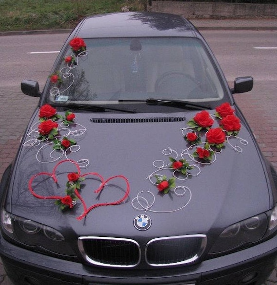 Wedding Car Decorations Full Kit Set White heart & flowers and FREE door  ribbons