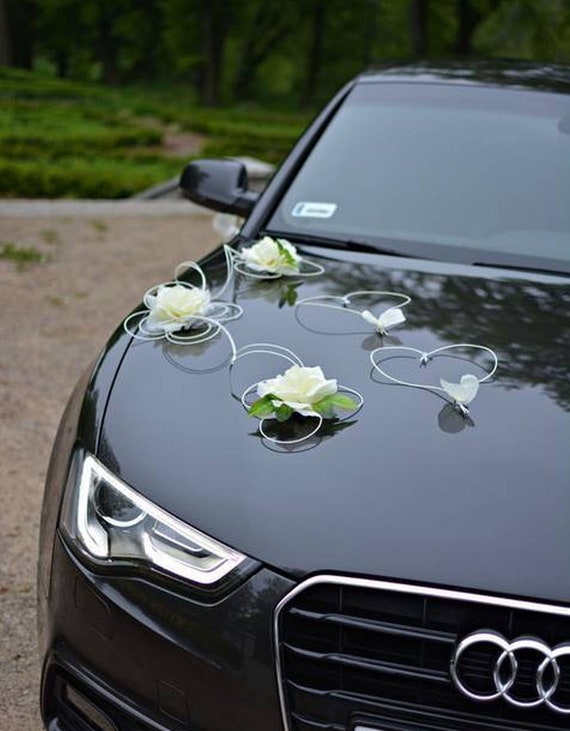 White Ivory Wedding Fair Car Decoration Artificial Flower Roses Car Decor  Complete Kit Ribbon Bows Decoration Voiture Mariage Hochzeitsdeko 