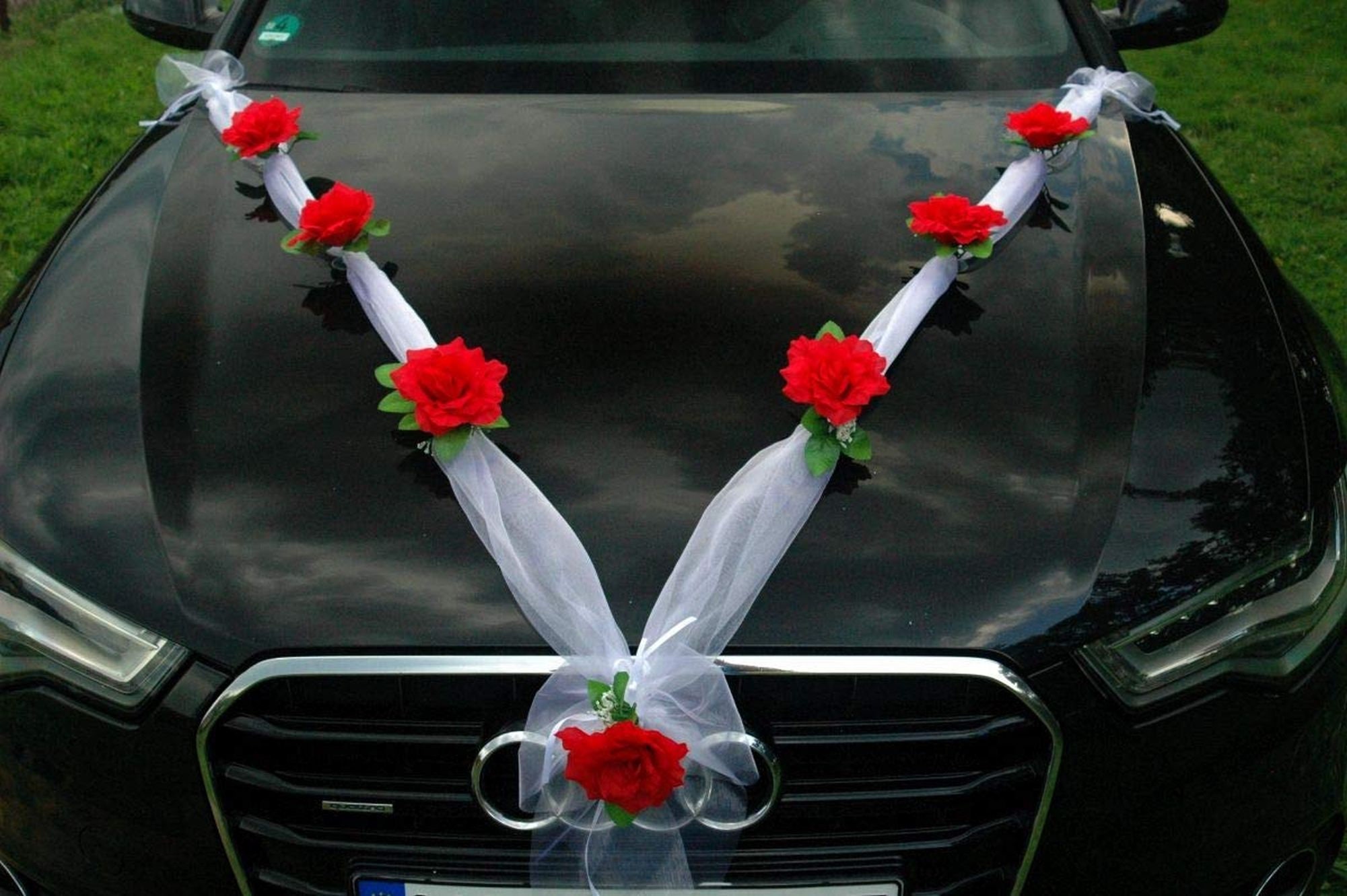 Red and White Flower Car Decoration Set ( Total 7 Items) 