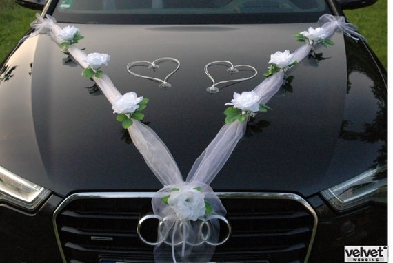 Hochzeit Auto Dekoration Set Weiße Rosen & Organza ONLY NOW KOSTENLOS  Schleifen für Türen - .de