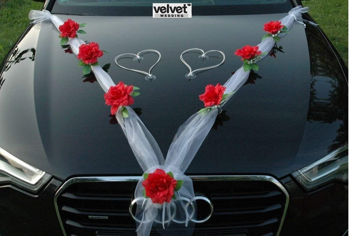 Hochzeit Auto Dekoration Kit Set rote Rosen & weiße Organza NUR JETZT  kostenlos Band Bögen für Türen -  Schweiz