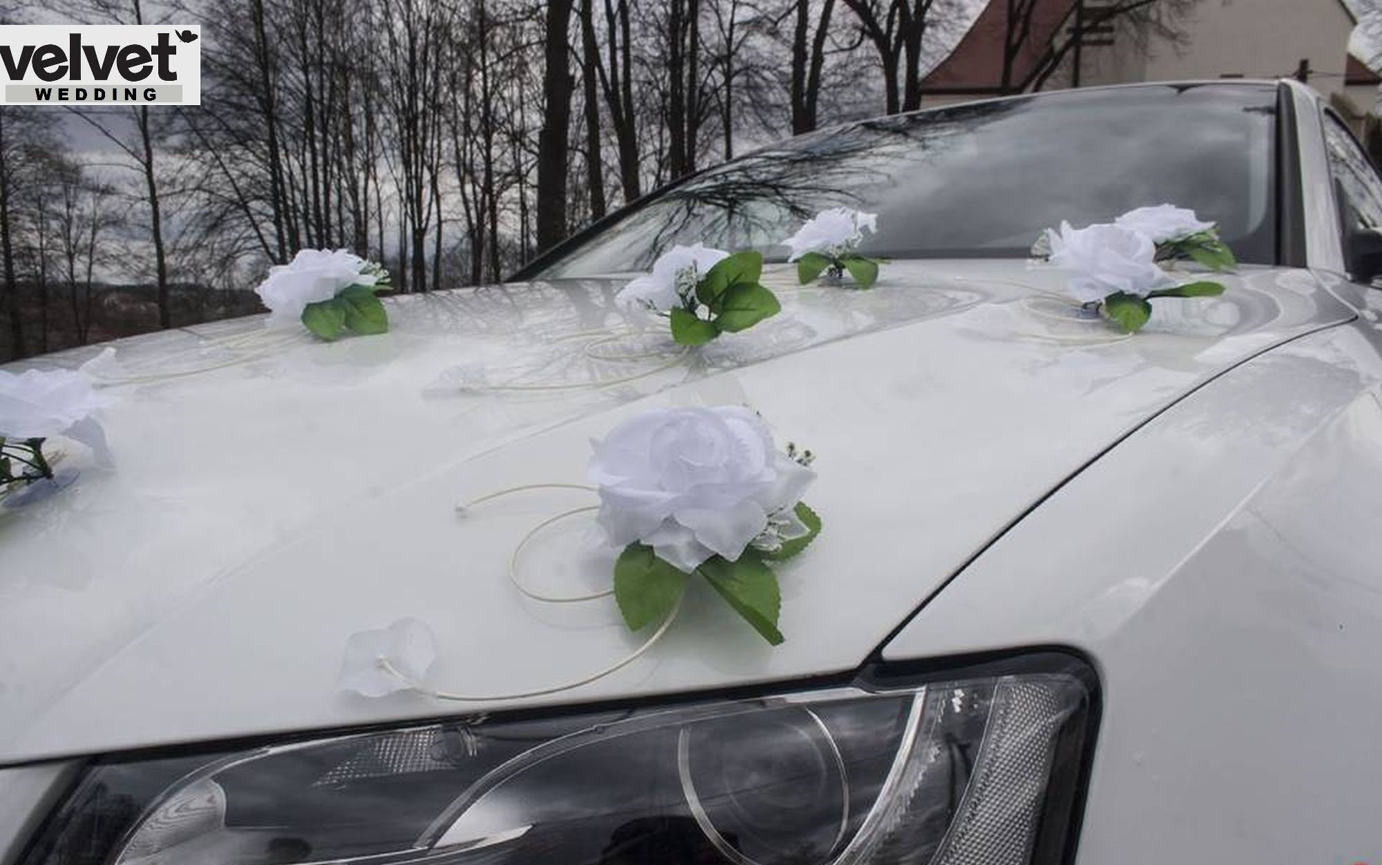 White Ivory Wedding Fair Car Decoration Artificial Flower Roses Car Decor  Complete Kit Ribbon Bows Decoration Voiture Mariage Hochzeitsdeko 