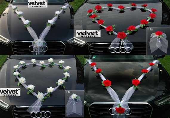 Carteles Comunion Kit Decoración Coche Boda - Flores Artificiales Blancas Y Cintas, 9 Rosas 2 Flores Espejo Cintas Photocall Boda