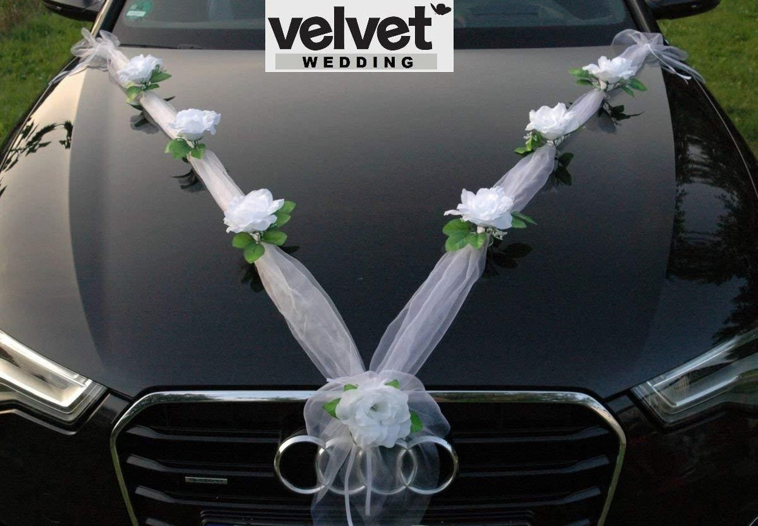 Wedding Car Decorations Full Kit Set White heart & flowers and FREE door  ribbons