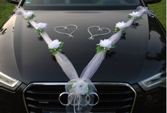 Hochzeit Auto Dekoration Set Weiße Rosen & Organza ONLY NOW KOSTENLOS  Schleifen für Türen - .de