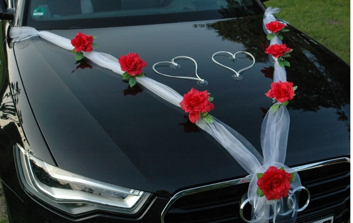Kit de voiture de mariée en rotin rouge profond : 2 anneaux, ruban,  bouquets et décorations de porte ❤️