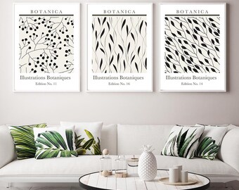 Botanical Poster Set, SET OF 3 Prints, Botanical Art Prints Leaf Illustration Print, Botanical Wall Art, Floral Posters, Line Drawings Set