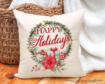 Vintage Holiday Pillow, Housewarming Gift, Living Room Decor, Vintage Decor, Winter Pillow, Winter Pillow Cover, Wreath Pillow Cover Cover