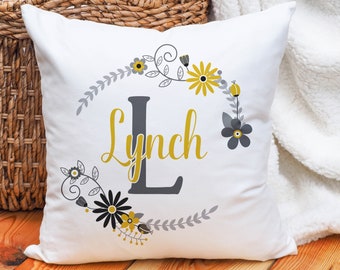 Personalized Name Pillow, Surname Pillow Cushion, Custom Pillow Cover, Grey and Gold Pillow, Initial PillowCover, Family Name Pillow Cover