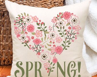 Floral Heart Spring Pillow Cover, Pink Flower Accent Pillow