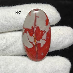 May include: An oval gemstone featuring a striking red and grey pattern, bisected by a thin, golden-yellow vein. The text "N-7" is visible in the upper left corner. The gemstone is displayed against a white fabric background.