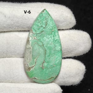 May include: A teardrop-shaped gemstone with a light green hue, featuring a marbled pattern with darker green and gray veins. The stone is held by a gloved hand, with the text "V-6" visible at the top.