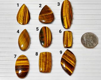 May include: Nine tiger's eye gemstone cabochons in various shapes and sizes, numbered 1 through 9. The stones are a mix of golden brown and black.