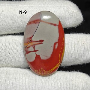 May include: Polished oval gemstone in shades of red, grey, and yellow. The stone has a distinctive pattern, with a red base and grey and yellow markings. The text "N-9" is visible in the upper left corner.