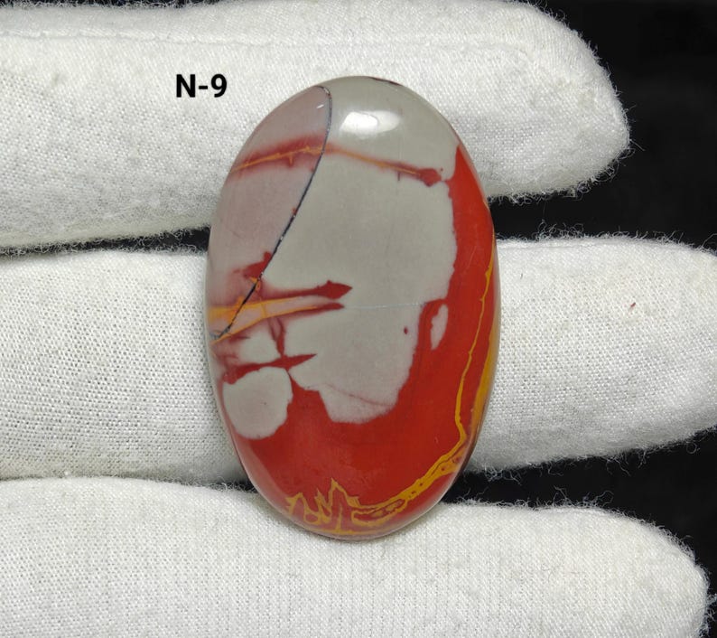 May include: Polished oval gemstone in shades of red, grey, and yellow. The stone has a distinctive pattern, with a red base and grey and yellow markings. The text "N-9" is visible in the upper left corner.