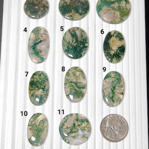 May include: Eleven oval-shaped green moss agate cabochons, numbered 1 through 11, with a US quarter for scale.