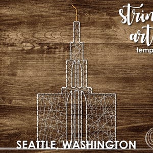 May include: String art template of the Seattle Washington Temple. The template is on a wood background with the words "string art template" in the top right corner.