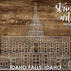 May include: String art template of the Idaho Falls Idaho Temple. The template is on a wood background with the words "string art template" in the top right corner.