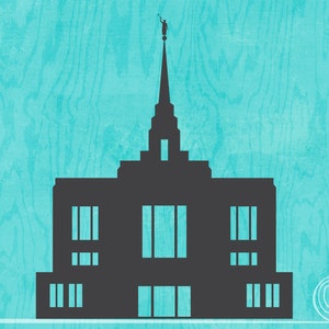 Puede incluir: Silueta de una iglesia con una alta aguja y una estatua en la cima. La iglesia es negra sobre un fondo turquesa.