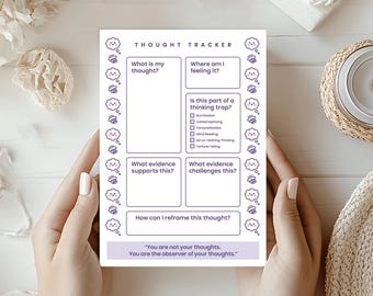 Könnte beinhalten: Ein weißes Thought Tracker-Arbeitsblatt mit lila Text und einem Rand aus Sprechblasen. Das Arbeitsblatt enthält Aufforderungen zur Selbstreflexion, wie z. B. "Was ist mein Gedanke?" und "Wie kann ich diesen Gedanken neu formulieren?"