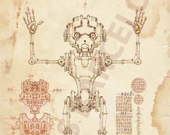 STEAMPUNK ROBOTER. Digital gescannte Zeichnung von Tomas Barcela.