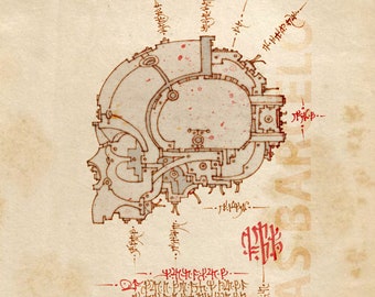 STEAMPUNK SCHÄDEL. Digital gescannte Zeichnung von Tomas Barcela.