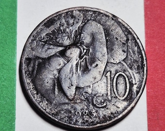 1923 Italy 10 Centesimi — Interwar Era / Kingdom of Italy — Bee & Poppy Design — Good+