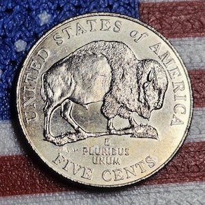May include: A silver United States five-cent coin featuring a detailed image of a bison. The coin is inscribed with "UNITED STATES OF AMERICA", "E PLURIBUS UNUM", and "FIVE CENTS". The coin is set against a backdrop of a red, white, and blue pattern.