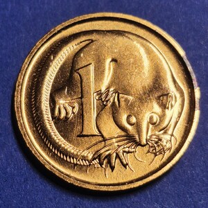 May include: A gold-colored coin featuring a stylized depiction of a mammal, with the number "1" prominently displayed. The coin's edge has a detailed, textured design. The mammal has whiskers and is facing right.
