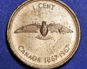 1967 Canada 1 Cent — Centennial / Elizabeth II — Rock Dove — Fine+