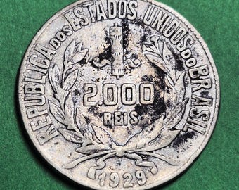 1929 Republic of the United States of Brazil 2000 Réis — Interwar / First Republic — Dual Liberty Busts — Silver (.500) — Fine