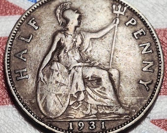 1931 Great Britain Half Penny — Interwar / United Kingdom — Britannia & Trident Design — F+