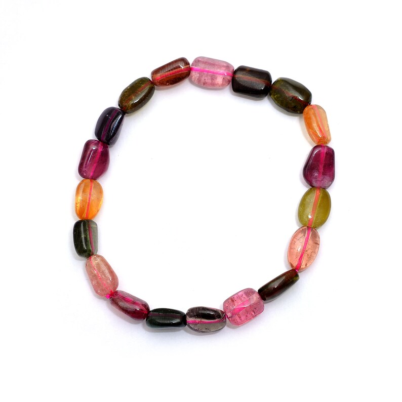 AMB-385 Splendid Multi Tourmaline Gemstone Beaded Bracelet ~ 7x10mm-8x11mm Smooth Tumble Beads ~ Multi Color Tourmaline Stretch bracelet