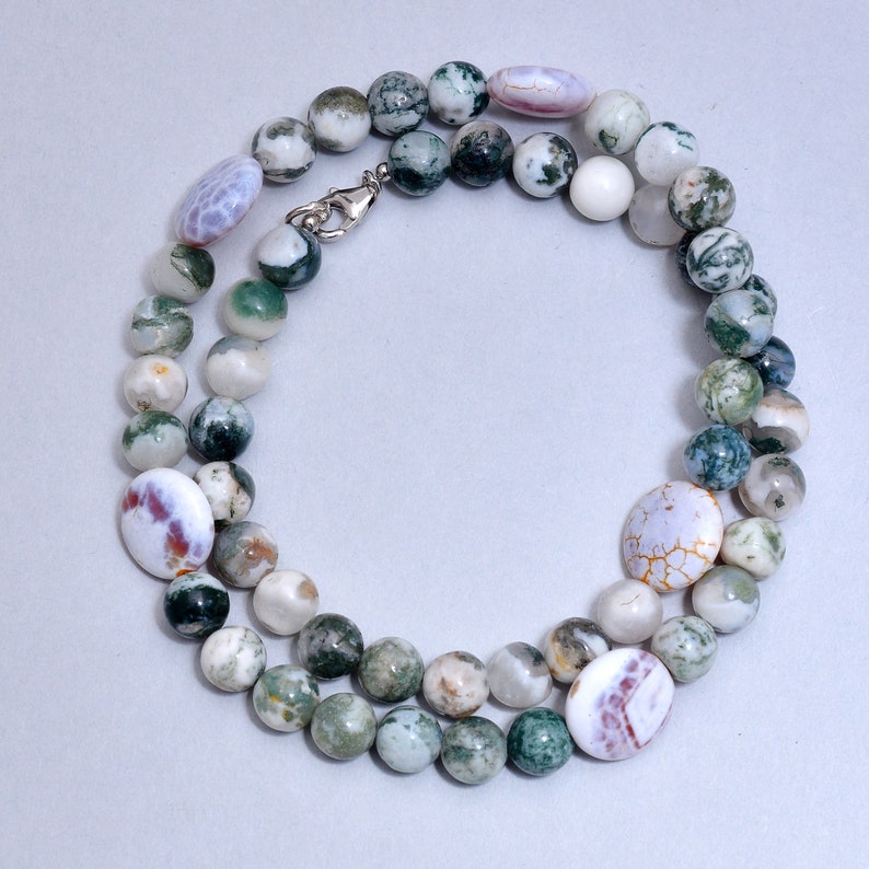 Bohemian Necklace 8mm-8.5mm Agate Plain Round Beads Necklace Tree Agate And Fire Agate Beaded Necklace Ethnic Tribal Jewelry- AMB-486