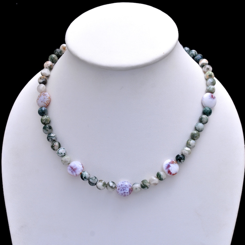 Bohemian Necklace 8mm-8.5mm Agate Plain Round Beads Necklace Tree Agate And Fire Agate Beaded Necklace Ethnic Tribal Jewelry- AMB-486