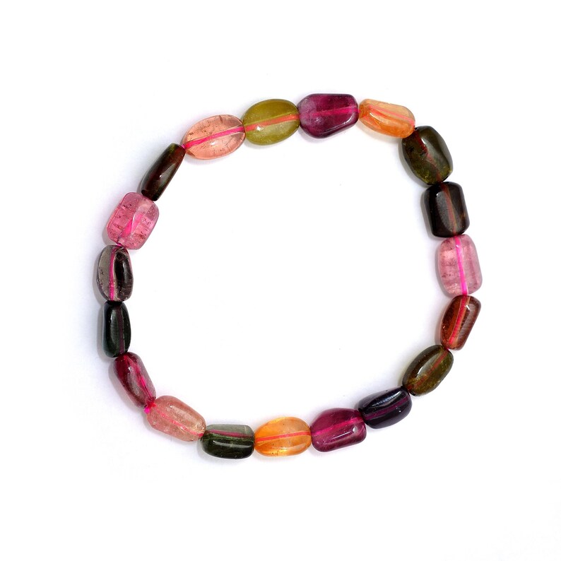 AMB-385 Splendid Multi Tourmaline Gemstone Beaded Bracelet ~ 7x10mm-8x11mm Smooth Tumble Beads ~ Multi Color Tourmaline Stretch bracelet