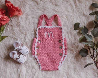 Handmade medium pink baby set. Hand made crochet set. Romper or lingerie dungarees and vintage sandals.