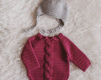 Martin crochet romper in plum color 100% merino wool. crochet baby romper