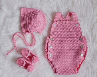 Handmade medium pink baby set. Hand made crochet set. Romper or lingerie dungarees, classic hood and shoes or pompom booties