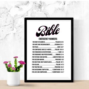 May include: A black framed print with the word "Bible" in a pink and black font. The print lists Bible verses for different situations, such as grief, hope, peace, confidence, forgiveness, endurance, patience, decision making, gratitude, healing, trusting God, overcoming temptation, and love and compassion.