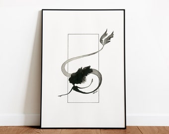 Minimalist black and white mermaid drawing in Indian ink reproduced in digital print "Legend", limited edition