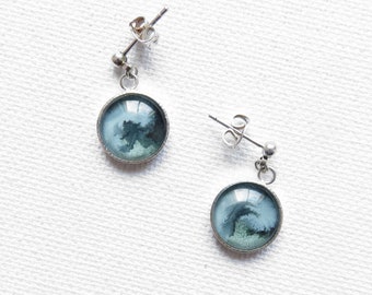 Small gray and silver round earrings with original watercolors under cabochon Model THEIA - Unique piece