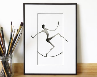 Limited series poster of a black and white ink illustration representing a minimalist character "Tread"